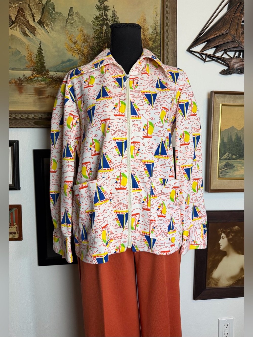 Vintage 1960s-70s Jantzen Zip-Up Sailboat Polyester Shirt or Lightweight Jacket